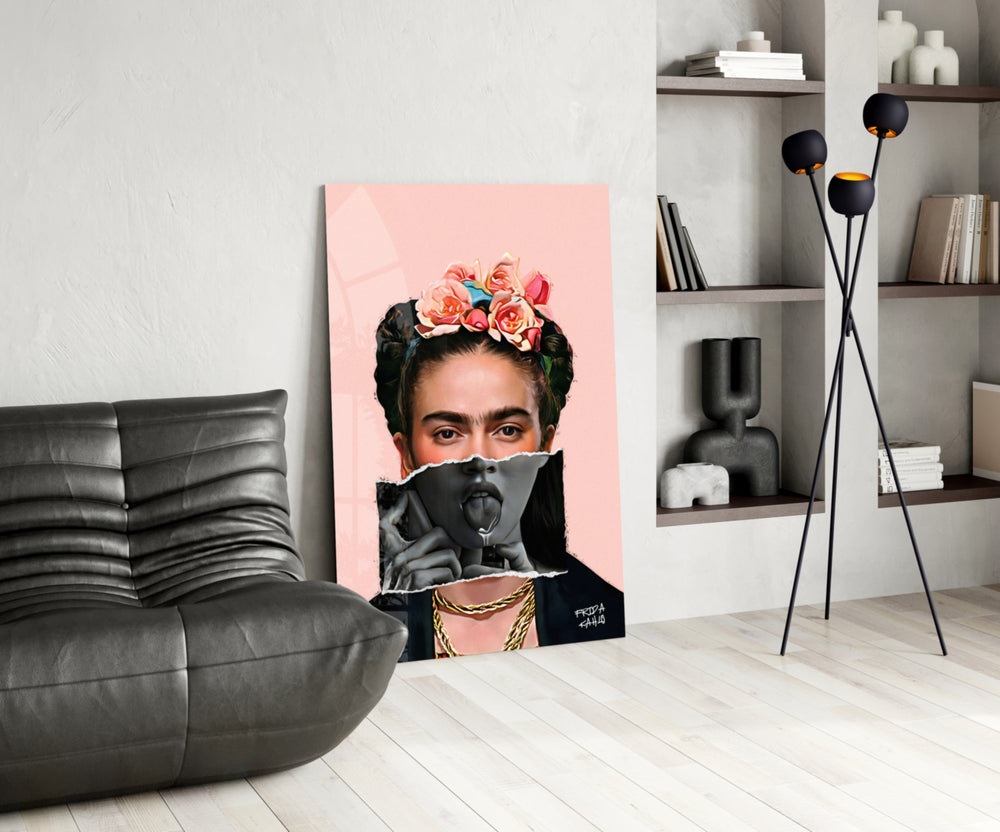 Contemporary Kahlo glass print enhancing a foyer with statement firepower