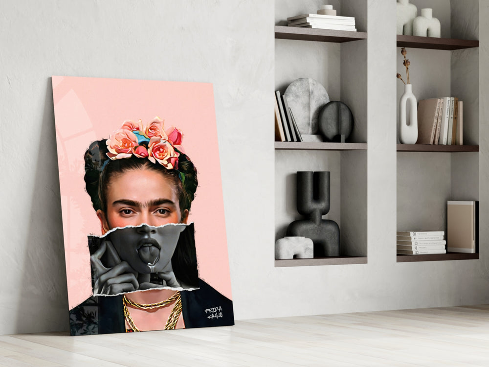 Remixed-muse artwork anchoring a wall with chrome-and-pink palette