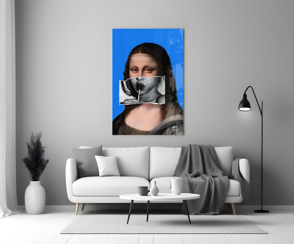Contemporary Mona Lisa glass wall art styled above a console in a powder room