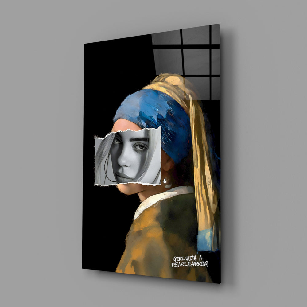 Contemporary Girl with a Pearl Earring close-up showing torn-paper B&W overlay