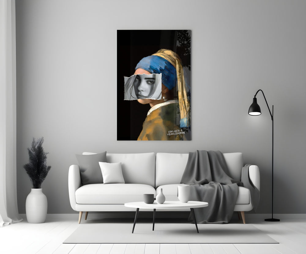 Contemporary Girl with a Pearl Earring glass wall art styled above a sideboard in a powder room