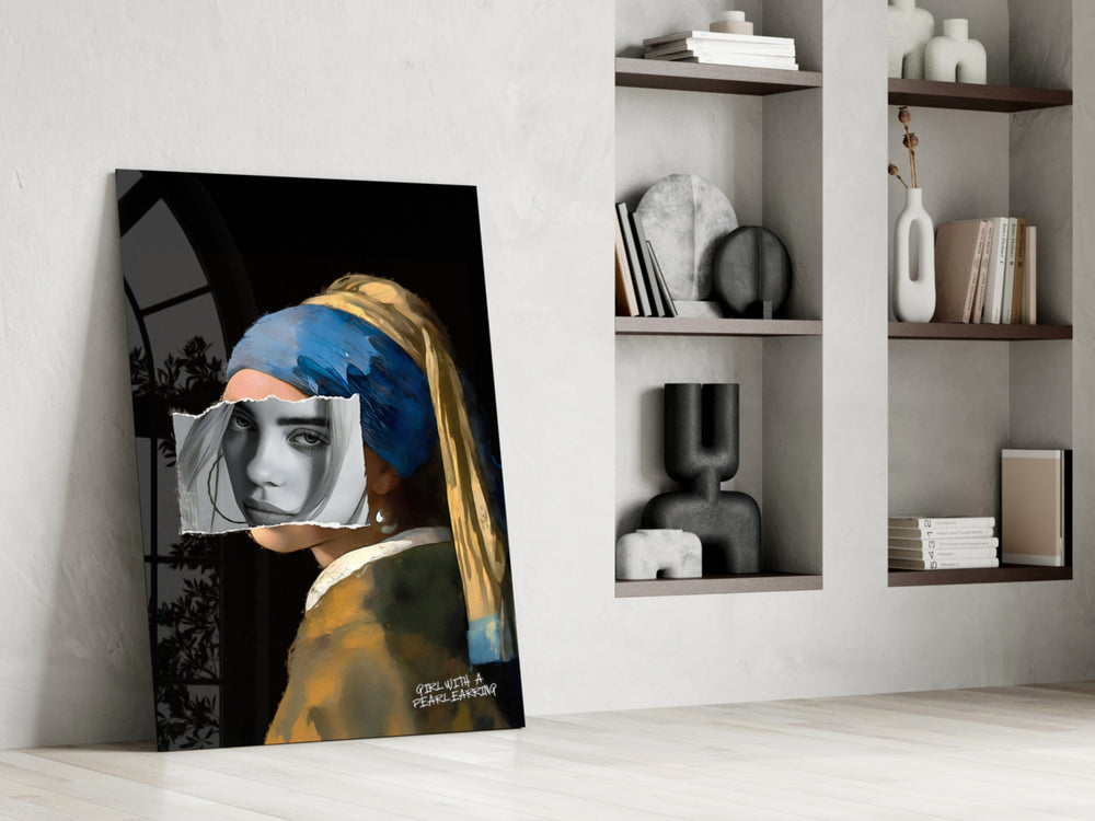 Remixed-muse artwork anchoring a wall with onyx-and-amber palette