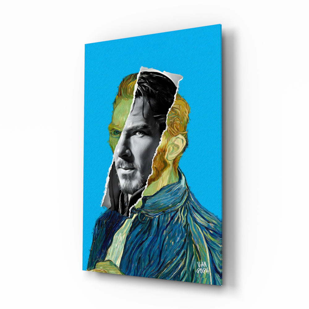 Pop-art-remix panel bringing cobalt glow to a designer studio
