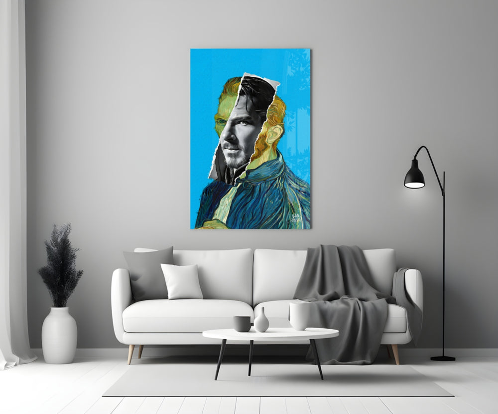 Contemporary Gogh glass wall art styled above a console in a living room