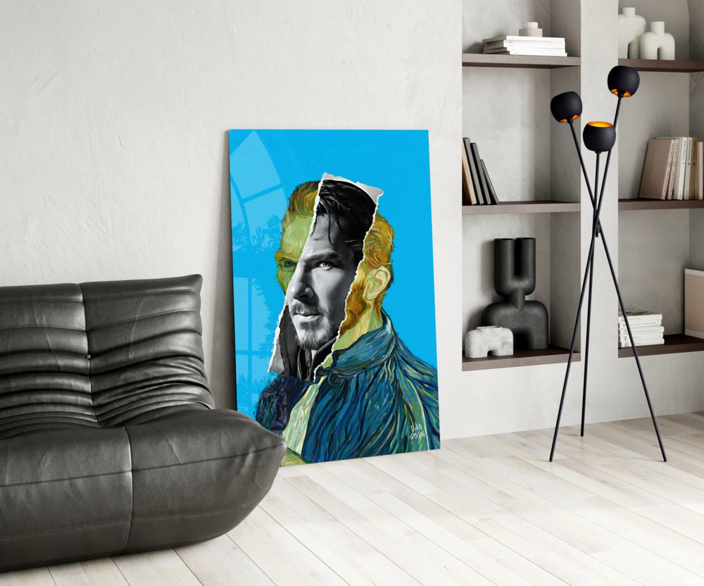 Contemporary Gogh glass print enhancing a foyer with statement firepower