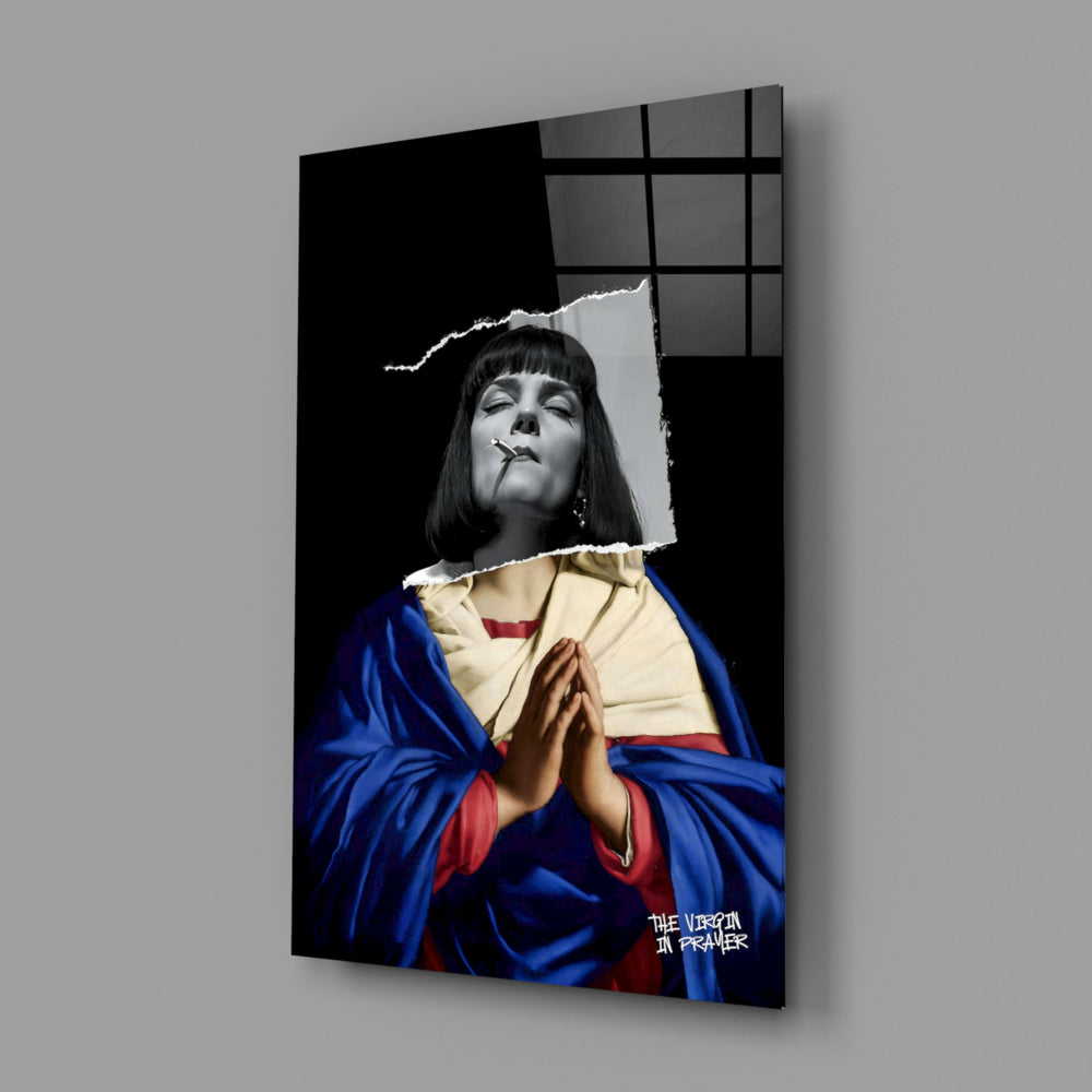 Contemporary Virgin close-up showing torn-paper B&W overlay on Madonna