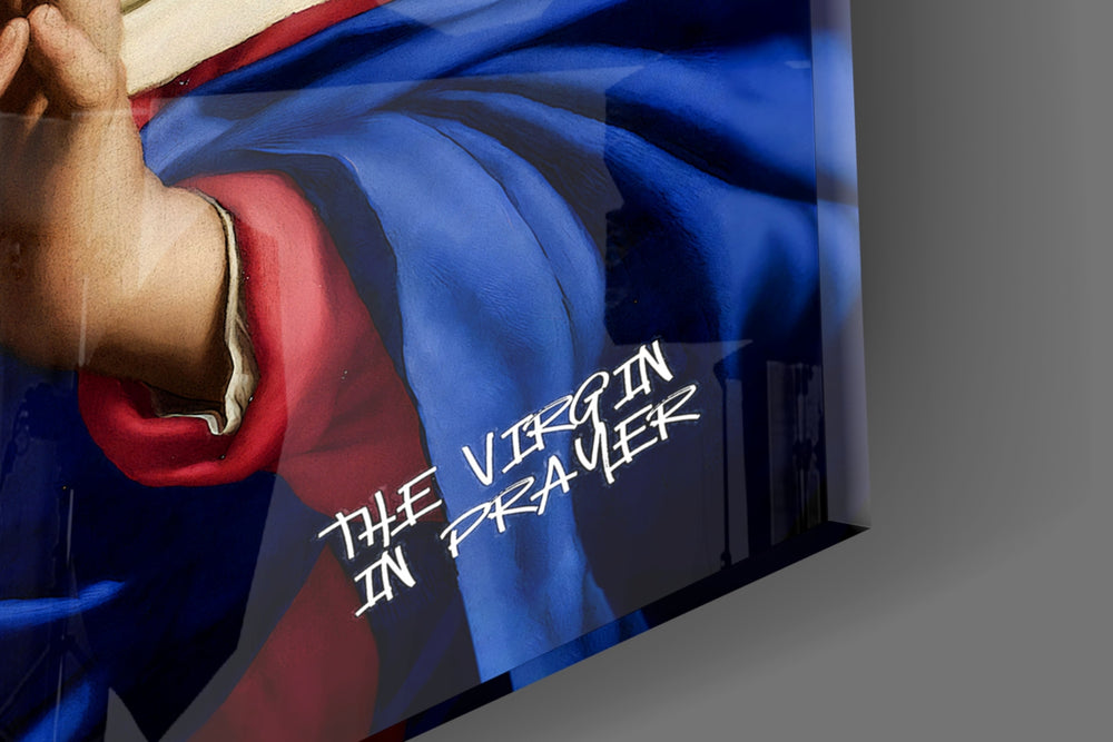 Contemporary Virgin panel catching lamp light to reveal its cinematic glow
