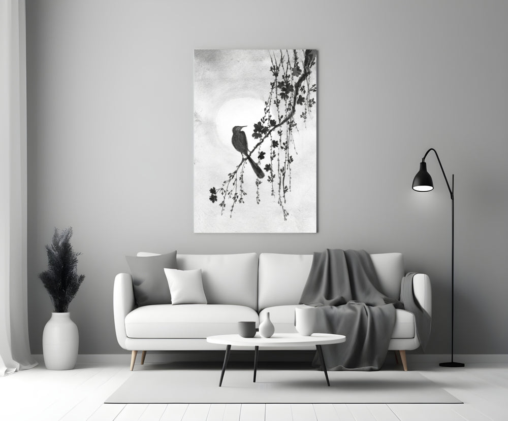 Bird on the Branch glass wall art styled above a console in a sunroom