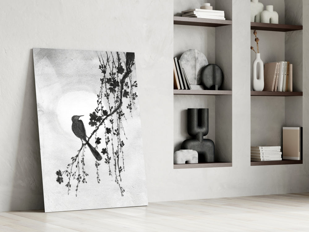 Sumi-e-bird artwork anchoring a wall with monochrome palette