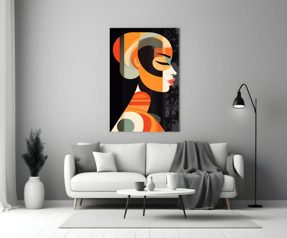 She glass wall art styled above a console in a foyer