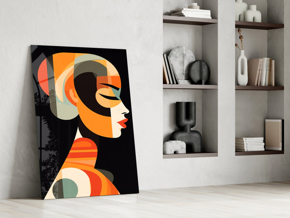 Stylized-profile artwork anchoring a wall with tangerine-and-sage palette