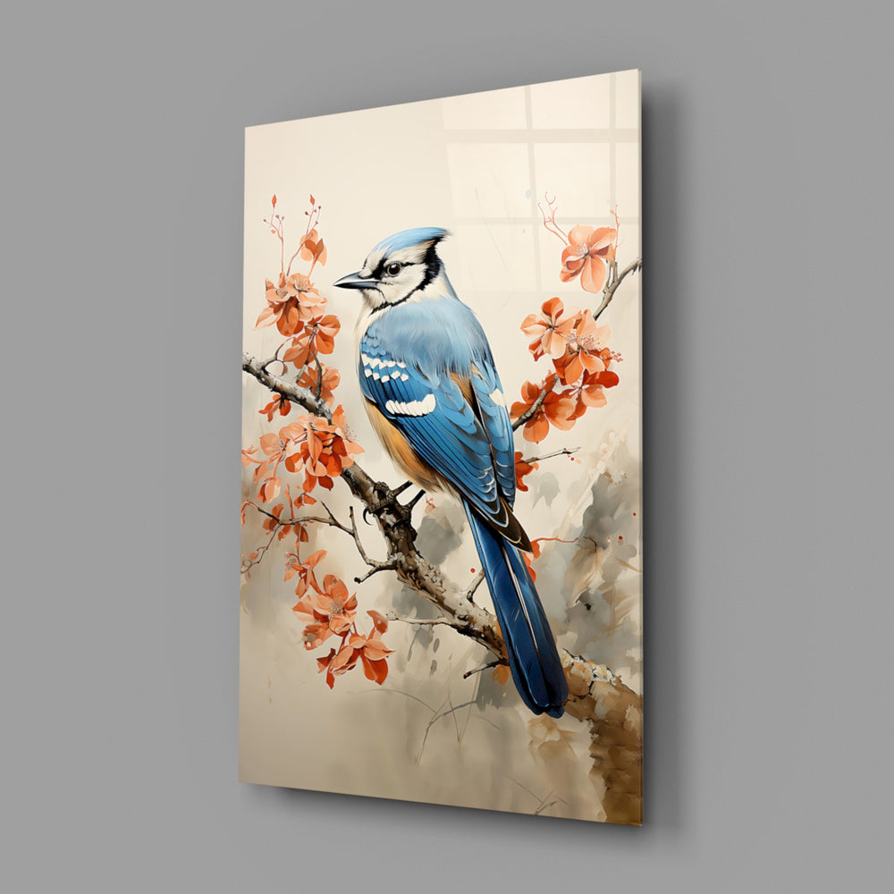 Bird on the Branch close-up showing blue jay and coral cherry blossoms