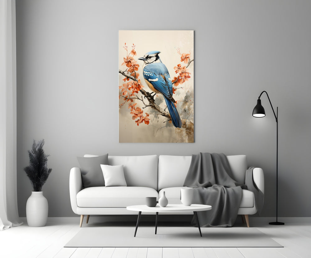 Bird on the Branch glass wall art styled above a console in a tea room