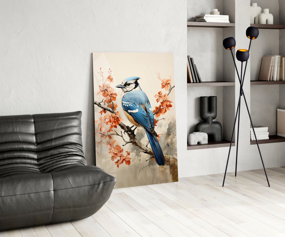 Bird on the Branch glass print enhancing a foyer with statement firepower