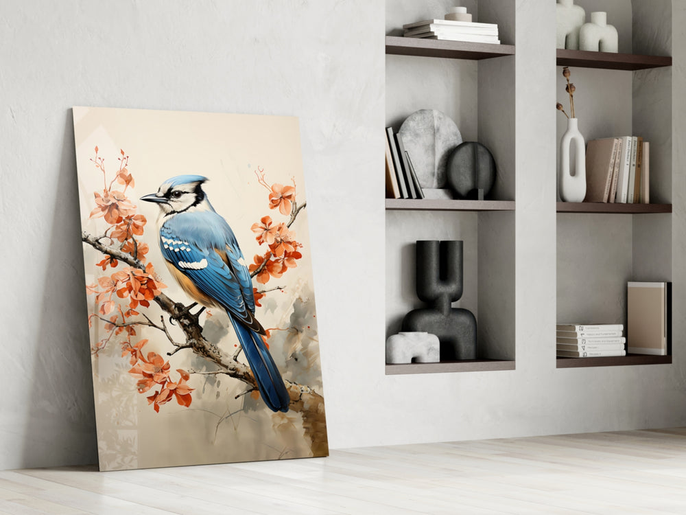 Blue-jay artwork anchoring a wall with cobalt-and-coral palette