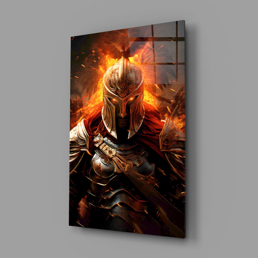 Warrior close-up showing golden helmet and flame-aura