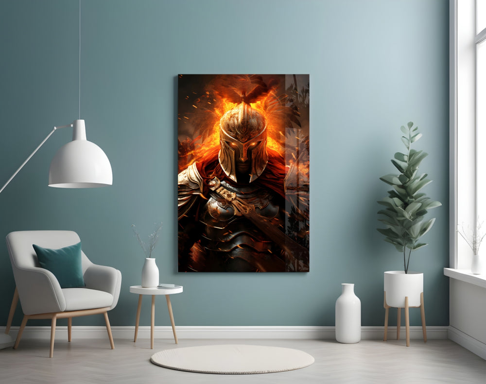 Warrior panel adding editorial drama to a hallway