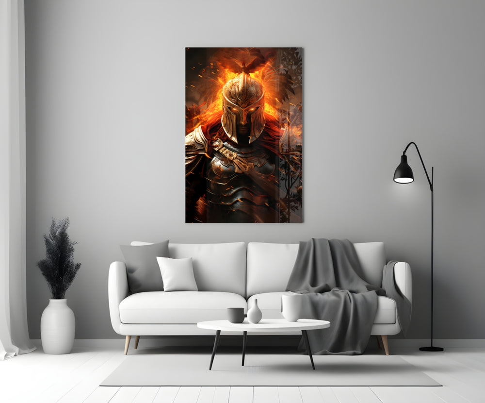 Warrior glass wall art styled above a console in a study