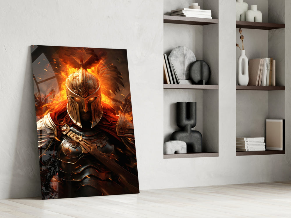 Fire-warrior artwork anchoring a wall with gold-and-scarlet palette