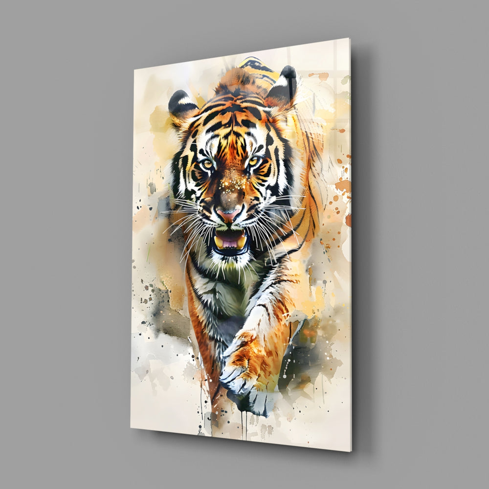 Tiger close-up showing leaping form and watercolor splash