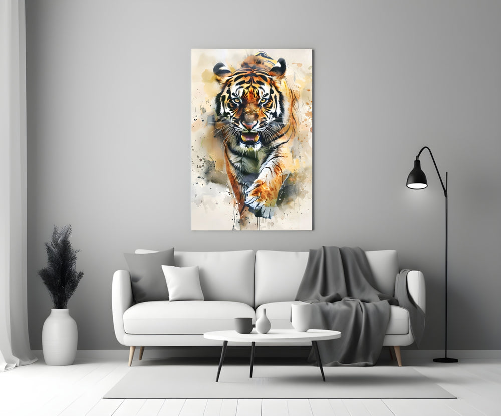 Tiger glass wall art styled above a console in a media room