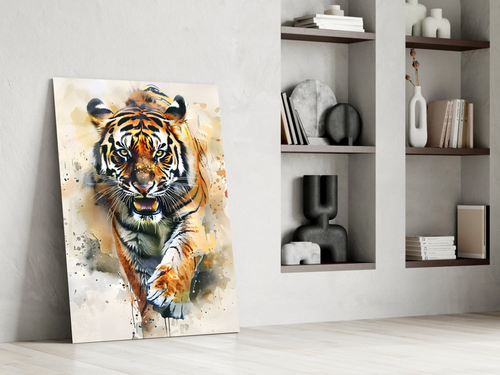 Charging-predator artwork anchoring a wall with tangerine-and-ivory palette