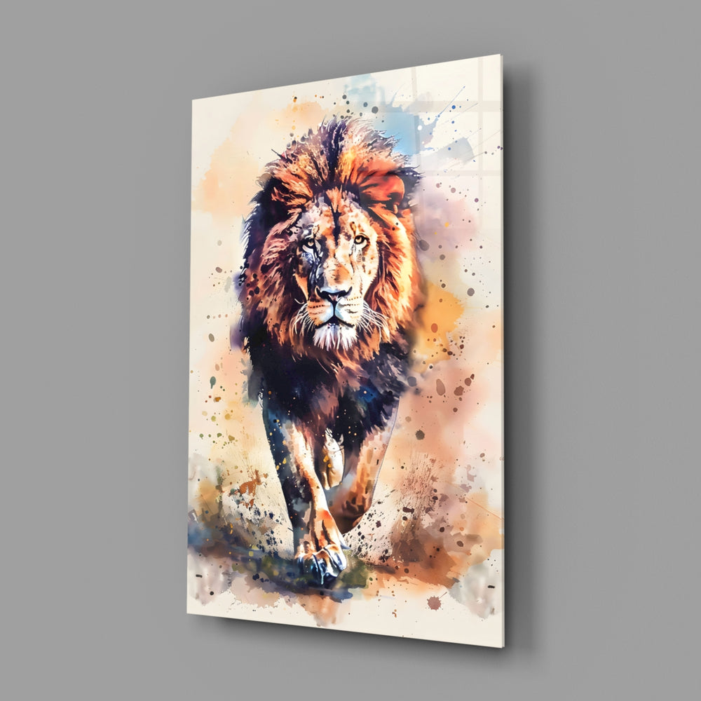 Lion close-up showing charging form and watercolor splash