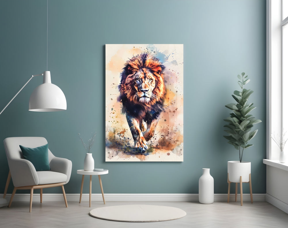 Lion panel adding editorial drama to a hallway