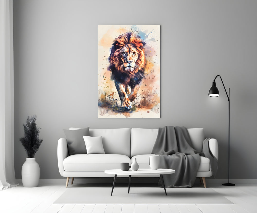 Lion glass wall art styled above a console in a media room