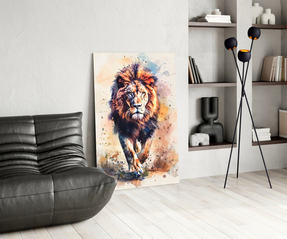 Lion glass print enhancing a den with statement firepower