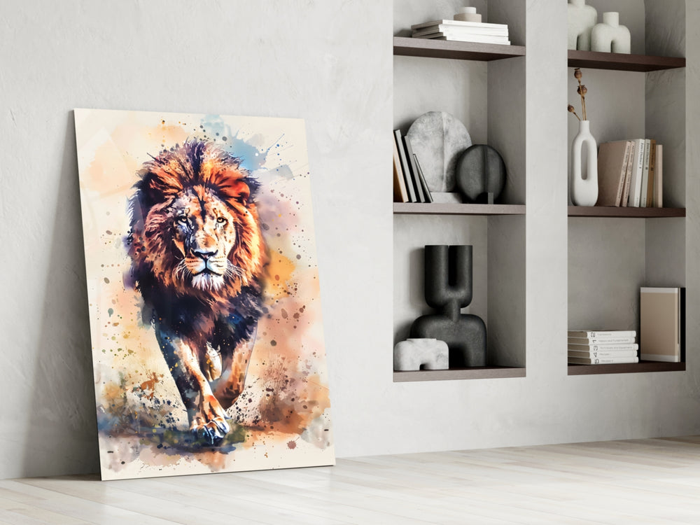 Charging-predator artwork anchoring a wall with scarlet-and-ivory palette