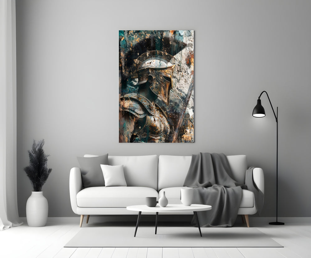 Gladiator glass wall art styled above a console in a library
