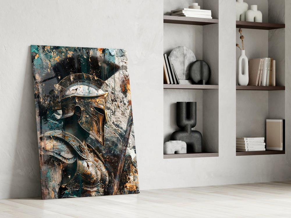 Spartan-helmet artwork anchoring a wall with teal-and-rust palette