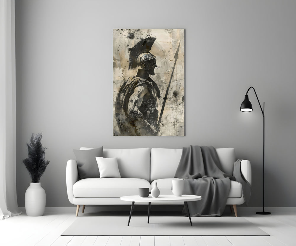 Gladiator glass wall art styled above a console in a man cave