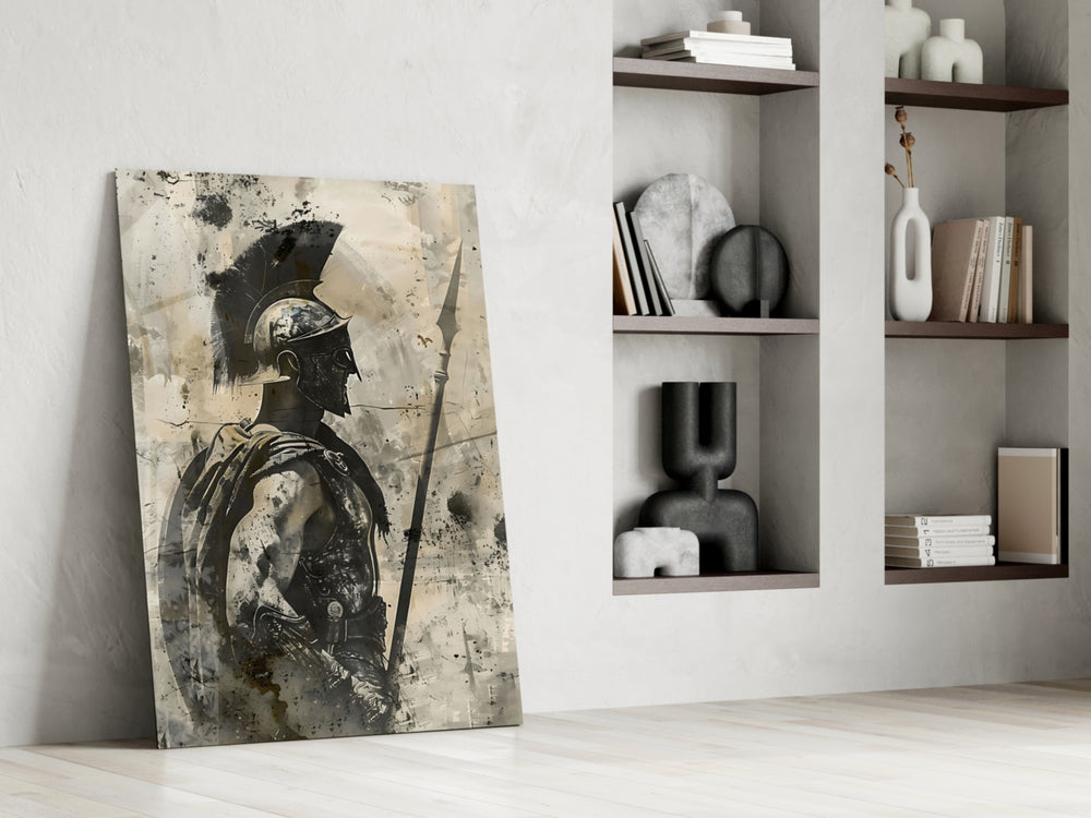 Roman-warrior artwork anchoring a wall with monochrome-and-parchment palette