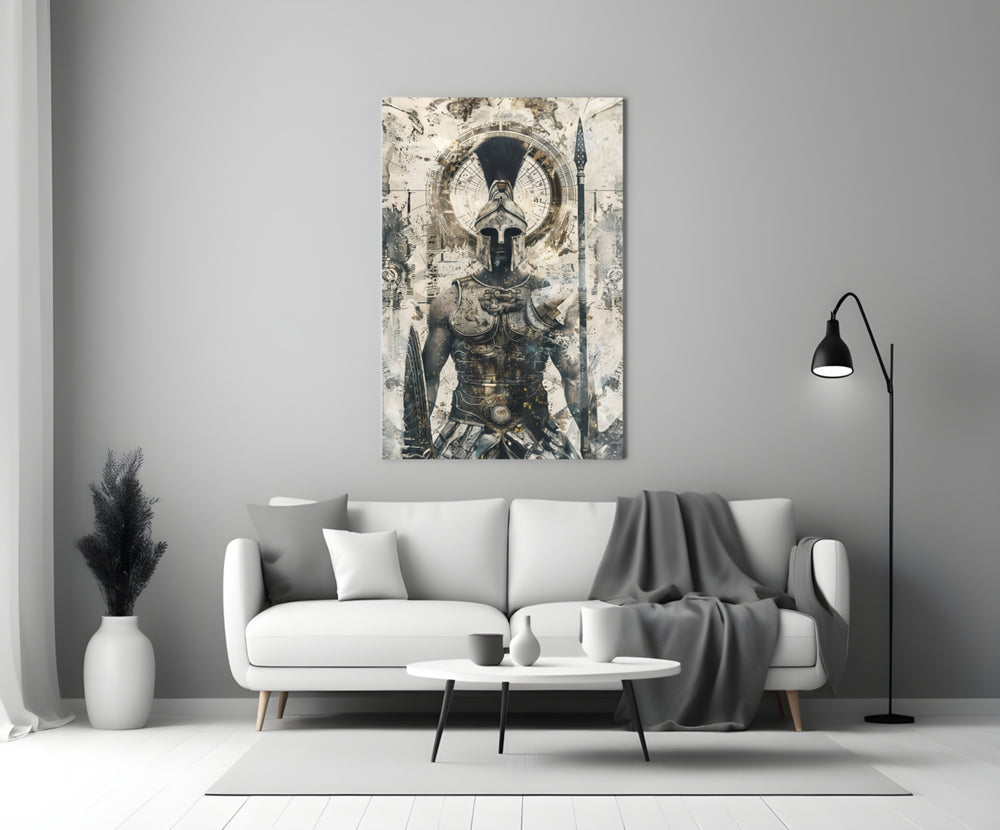 Gladiator glass wall art styled above a console in a man cave