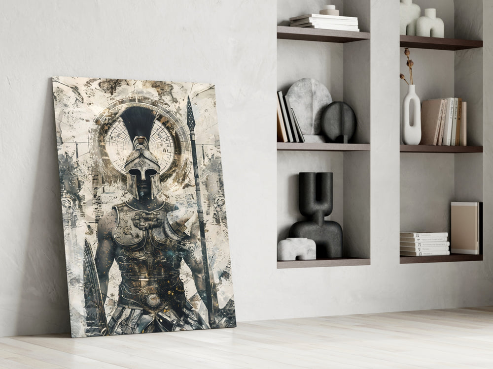 Roman-warrior artwork anchoring a wall with monochrome-and-parchment palette