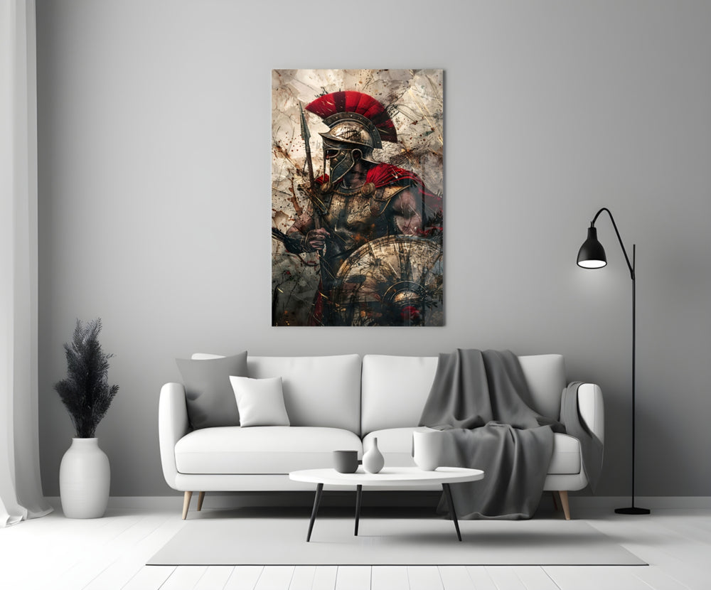 Gladiator glass wall art styled above a console in a media room