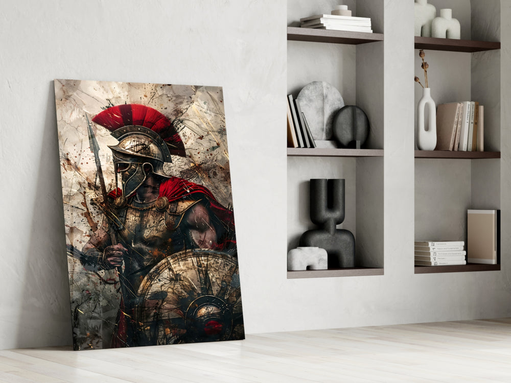 Charging-warrior artwork anchoring a wall with scarlet-and-ivory palette