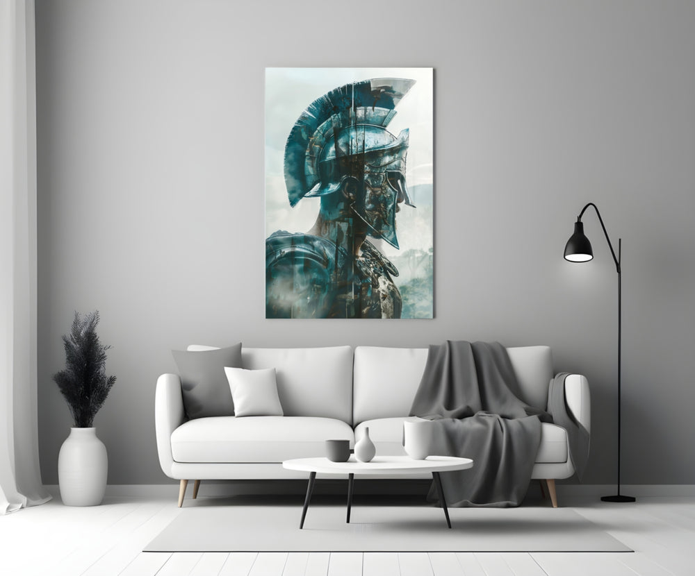 Gladiator glass wall art styled above a console in a man cave