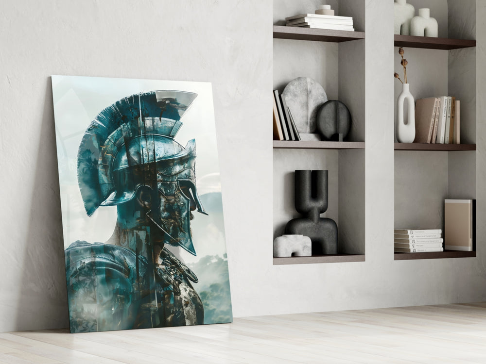 Foggy-warrior artwork anchoring a wall with teal-and-cream palette