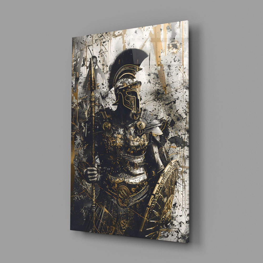 Gladiator close-up showing stoic stance with shield and spear