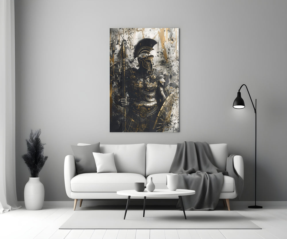Gladiator glass wall art styled above a console in a man cave