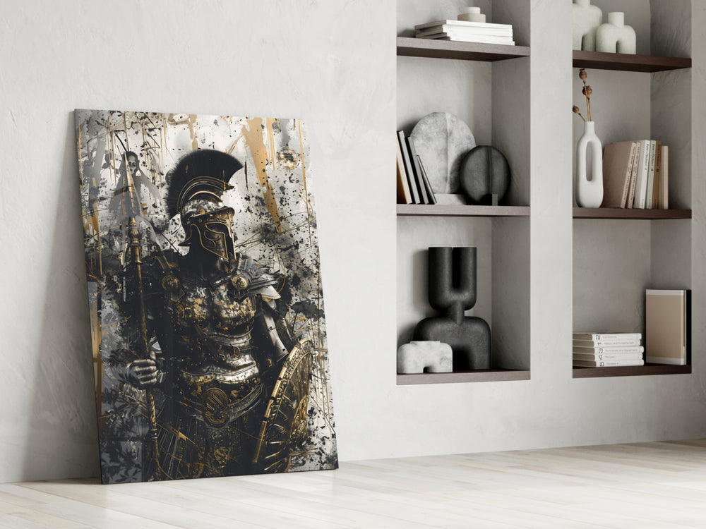Stoic-warrior artwork anchoring a wall with gold-and-cream palette