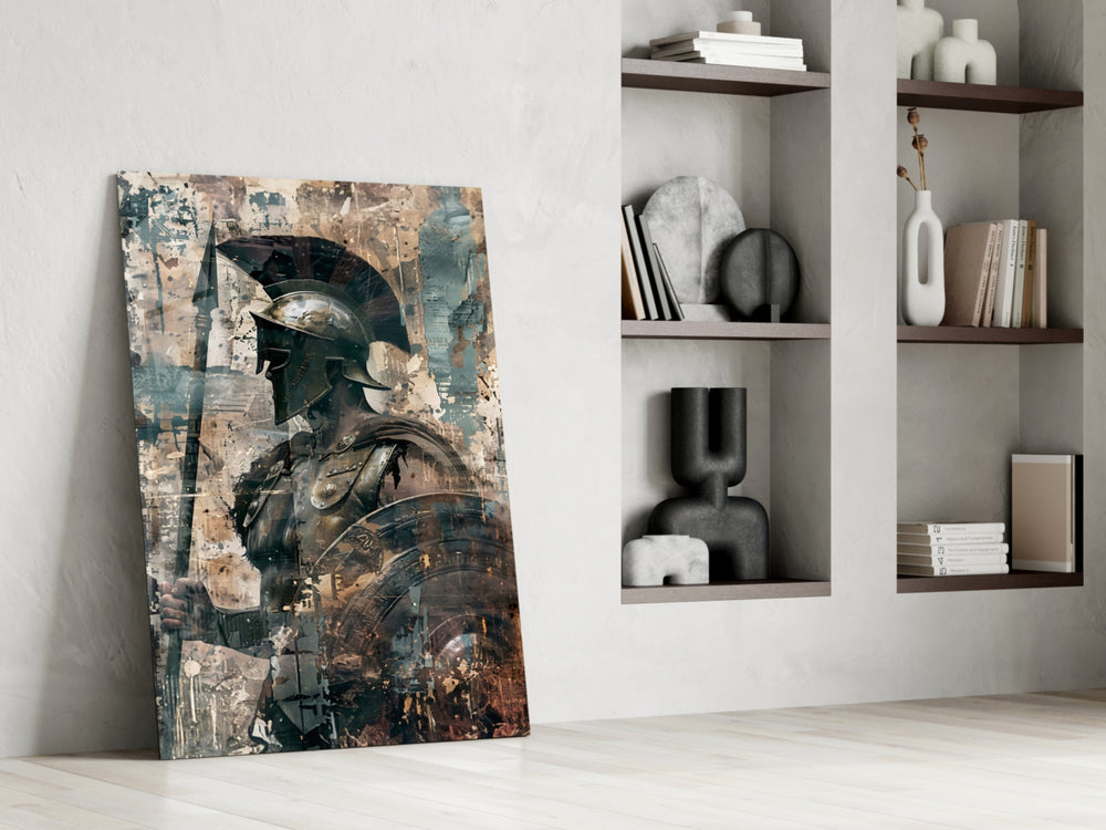 Roman-warrior artwork anchoring a wall with cream-and-rust palette