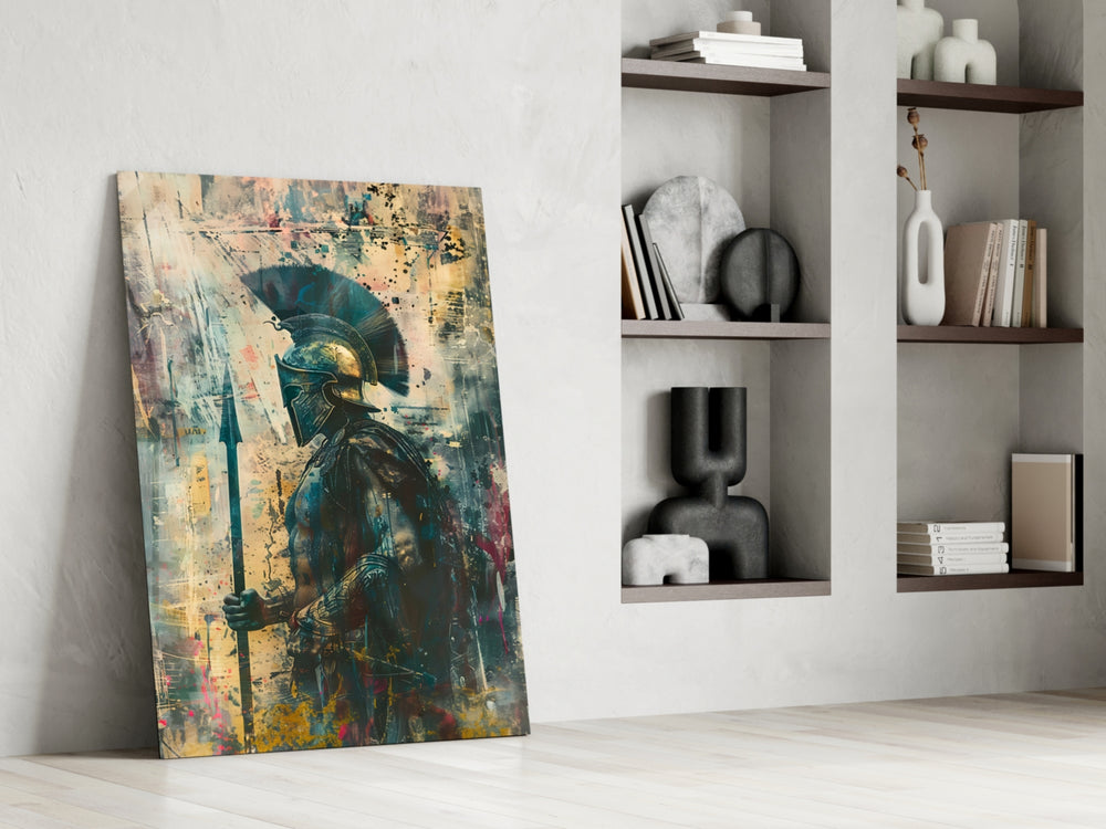 Shadow-warrior artwork anchoring a wall with teal-and-amber palette