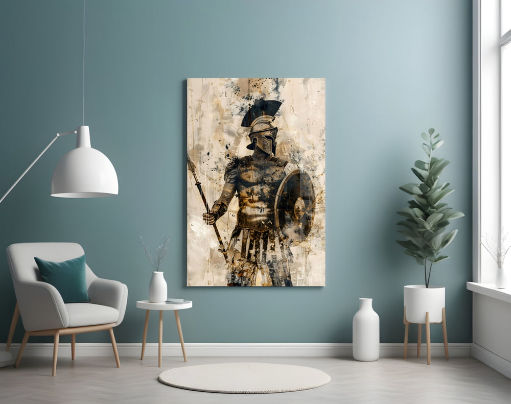 Gladiator panel adding editorial drama to a hallway
