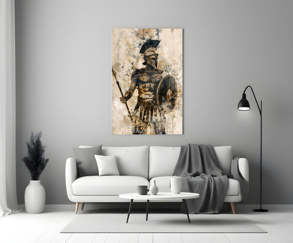 Gladiator glass wall art styled above a console in a man cave