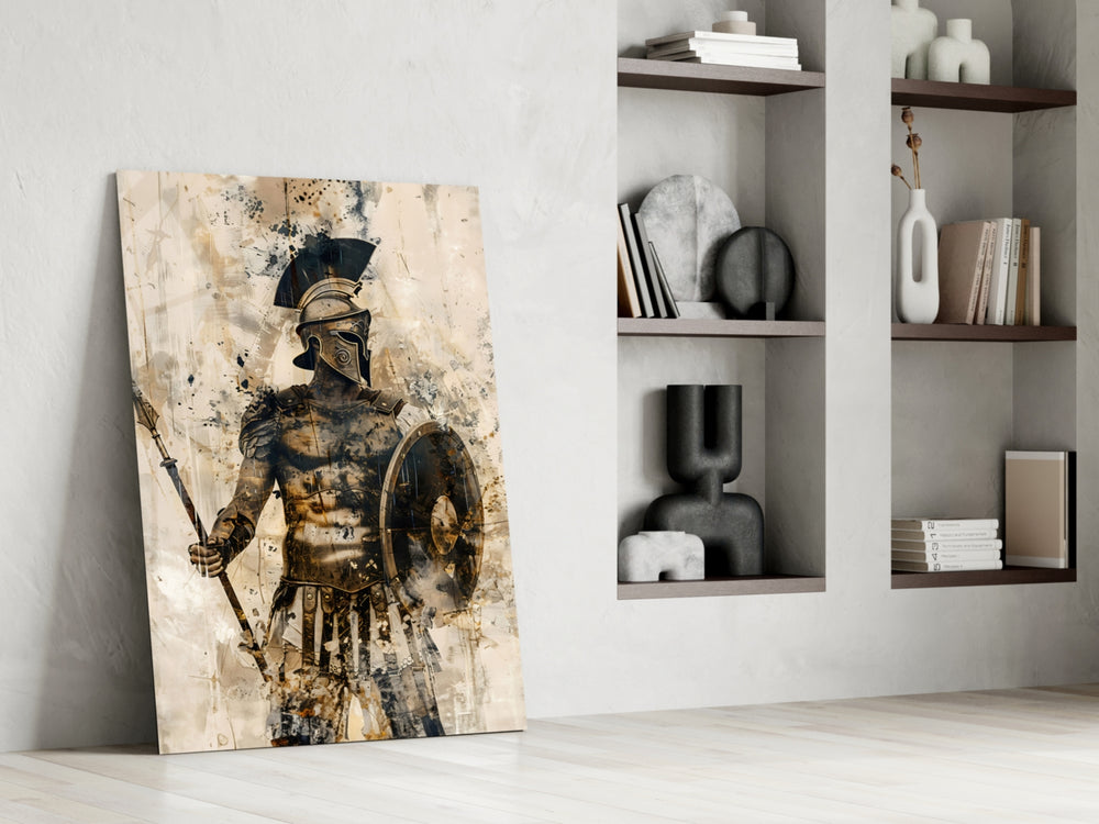 Stoic-warrior artwork anchoring a wall with amber-and-cream palette