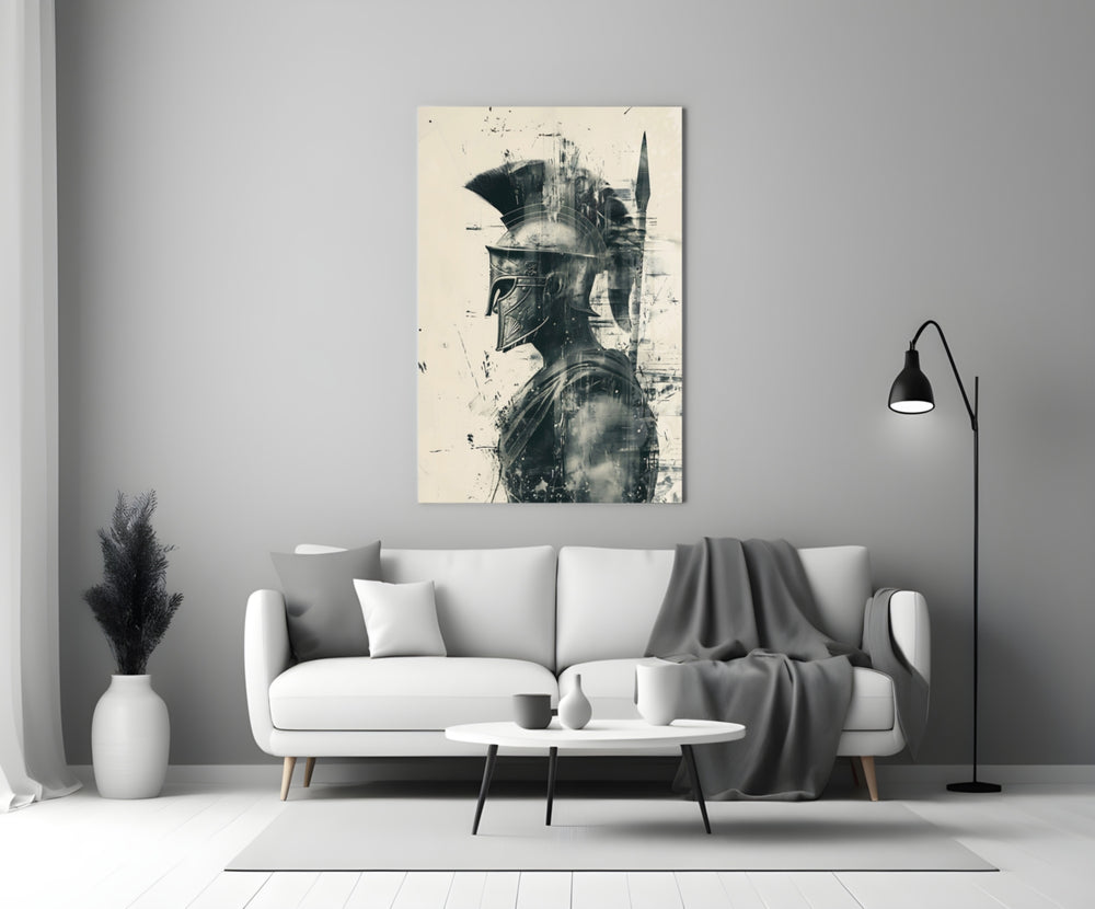 Gladiator glass wall art styled above a console in a man cave